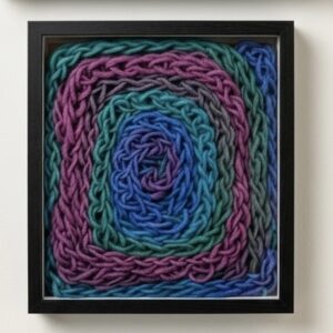 fingerknitted art in a swirl pattern with colors from pink, and purple to green and turquoise.